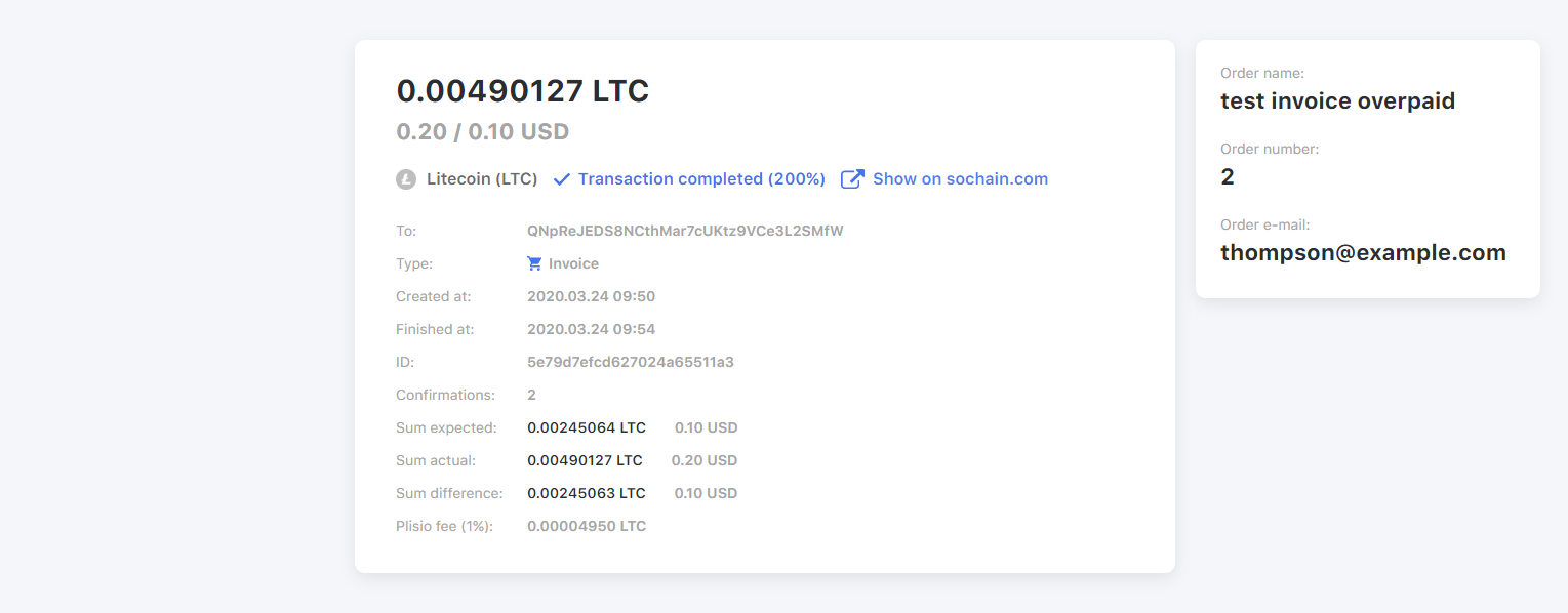 รายละเอียดธุรกรรมที่ชำระเกินของ plisio