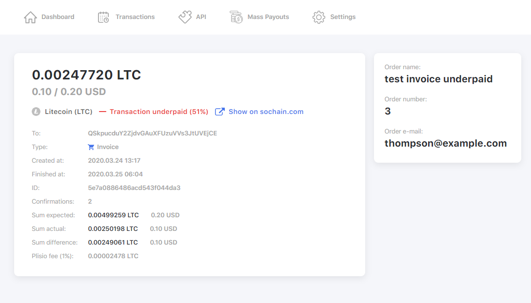 plisio transaction underpaid details