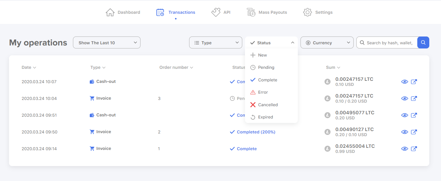 statuts des transactions plisio