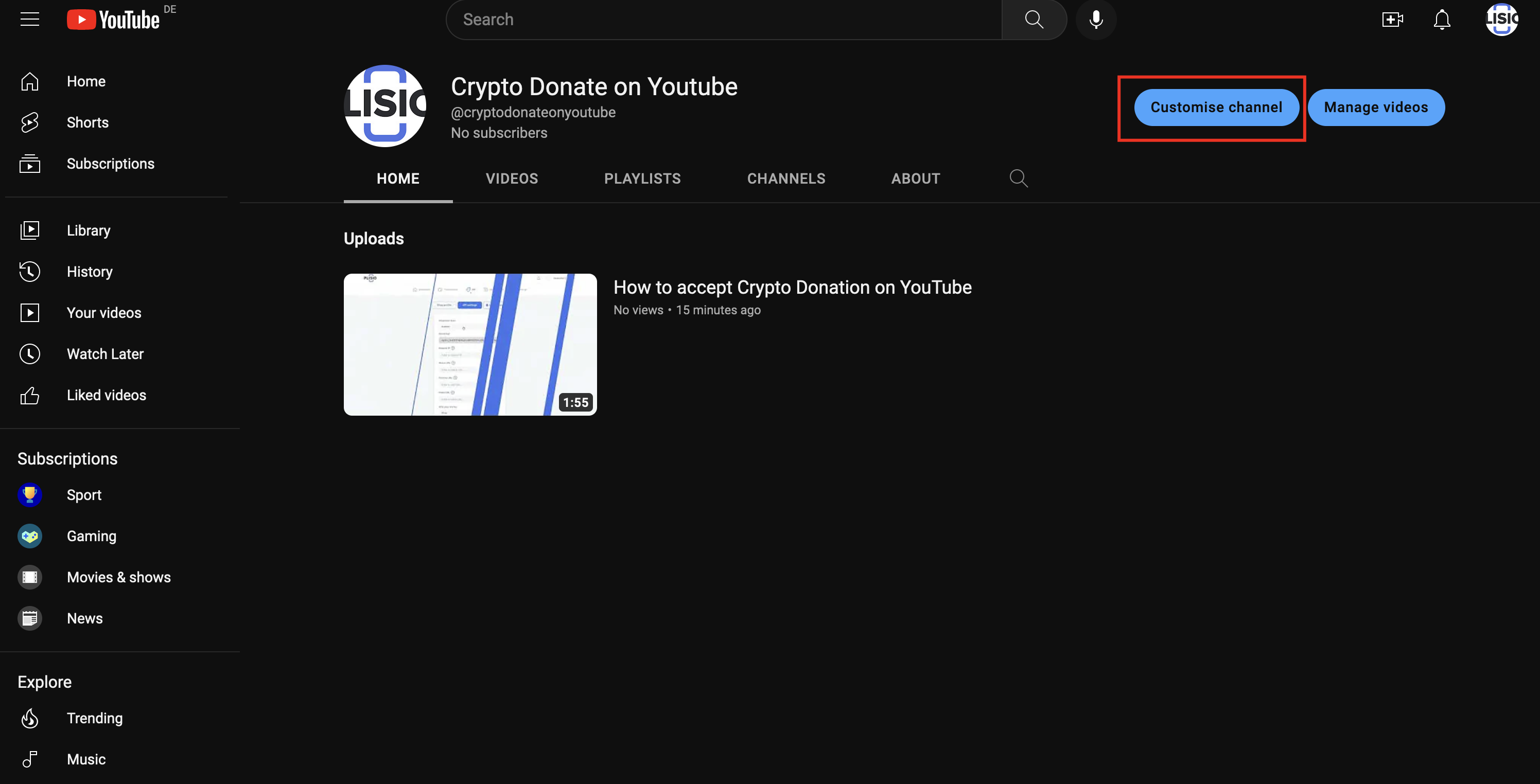 crie uma página de doação de criptomoedas no YouTube